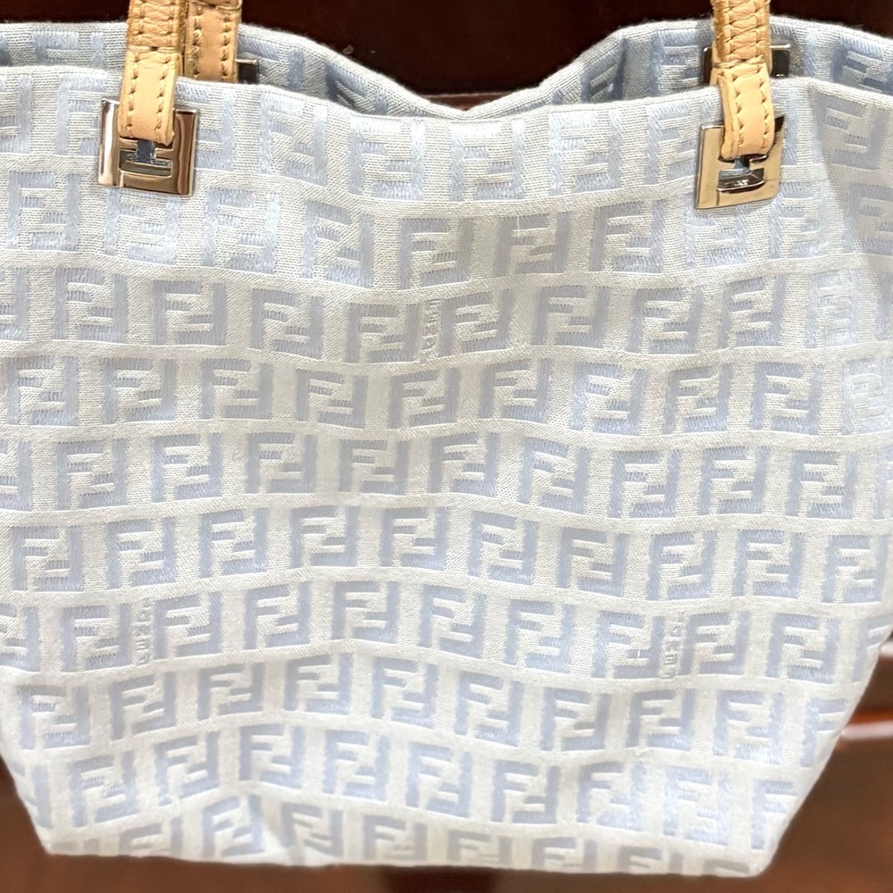 Fendi Light Blue FF Monogram Tote with Tan Leather Straps. - Picture 4 of 16
